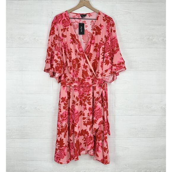 City Chic Dresses & Skirts - NWT City Chic Scarlet Faux Wrap Dress Size 2X Floral Red Ruffle Sleeves Tiered